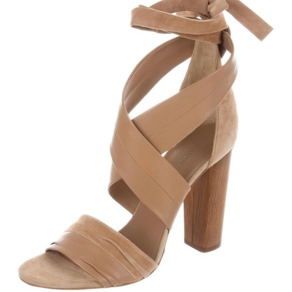 Vince Shoes - Vince Beatrice Leather and Suede Block Heel Sandal w Ankle Ties in Tan, Size 8